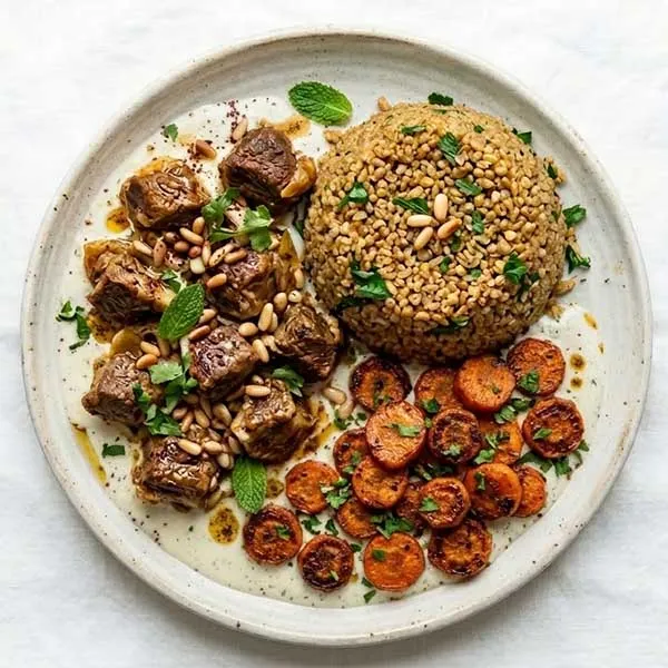 Syrian lamb with seven-spice bulgur & roasted carrots